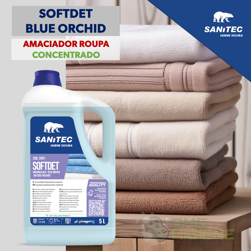 Amaciador de Roupa Concentrado Profissional 5L SANITEC Softdet Blue Orchid com toalhas por trás