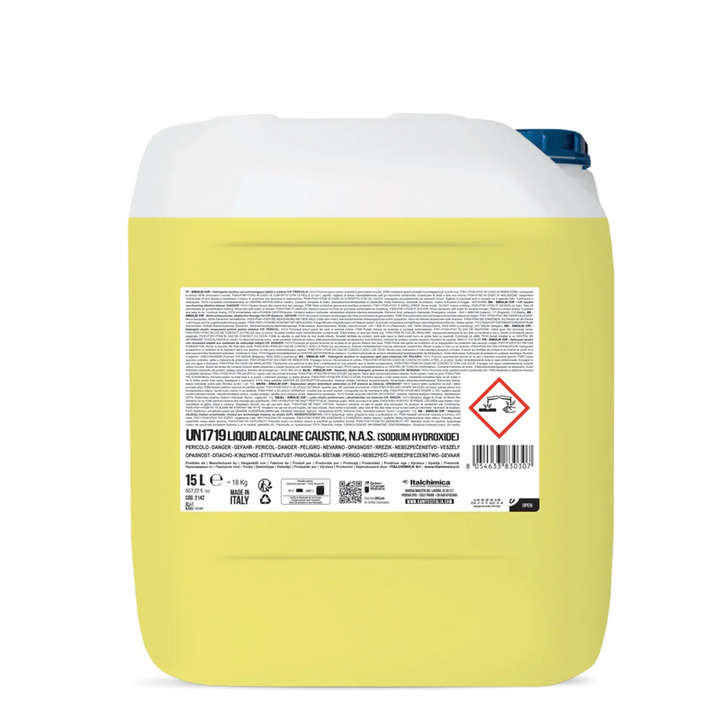 Detergente Industrial Super Alcalino para Sistemas CIP em embalagem de 15L, líquido alcalino caustico, com rótulo de segurança.