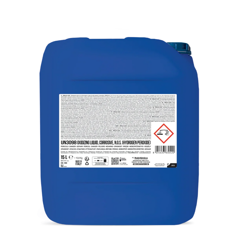 Detergente Ácido Concentrado Industrial para Sistemas CIP embalagem de 15L com rótulo de aviso e informações de segurança.