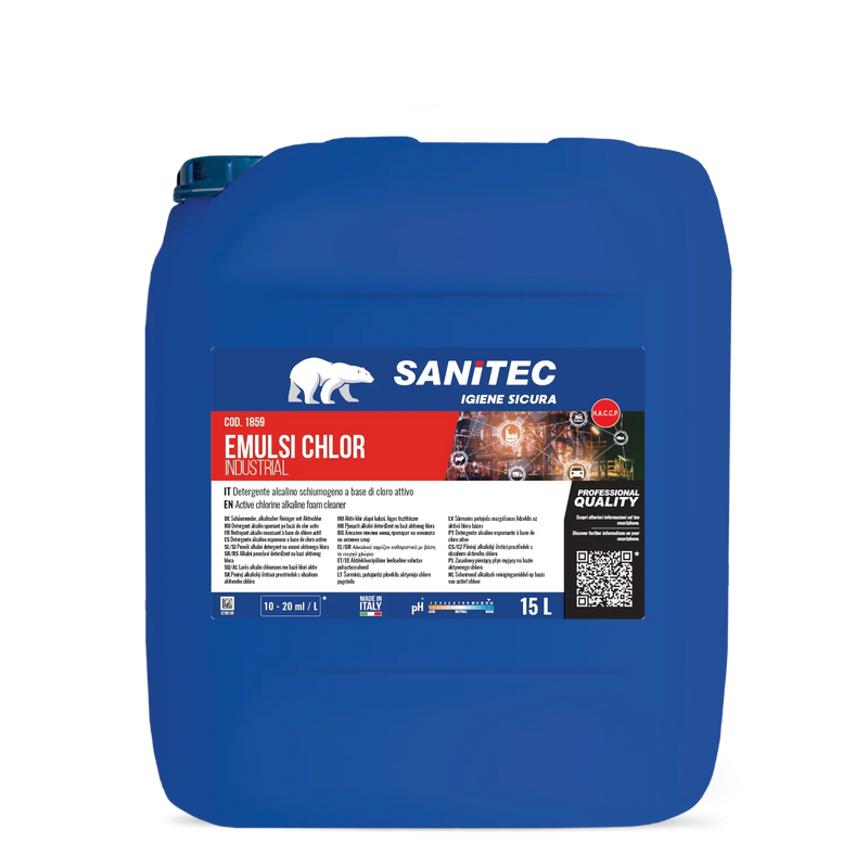 Espuma Higienizante Clorada Industrial Concentrada | Produto SANITEC EMULSI CHLOR em embalagem de 15 litros para uso no sector agroalimentar