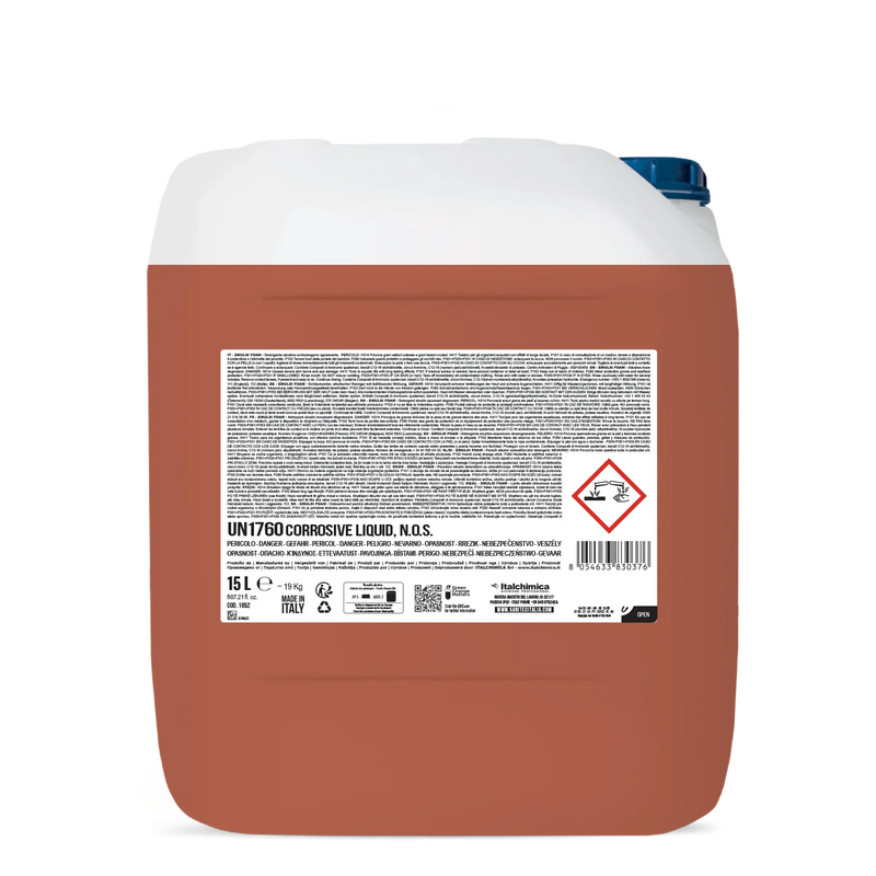 Produto de limpeza concentrado em embalagem de 15L, rotulagem clara, aviso de líquido corrosivo, adequado para uso industrial.