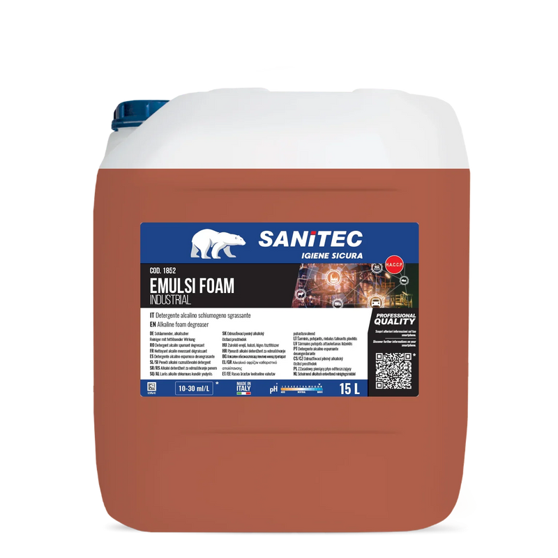Espuma Desengordurante Industrial Concentrada Sanitec Emulsi-Foam 15L embalagem para desengorduramento eficaz no setor agroalimentar.