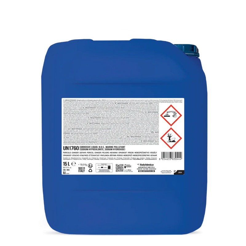 Detergente Industrial Clorado Concentrado para Sistemas CIP em embalagem de 15 litros, não espumante e indicado para o setor agroalimentar.