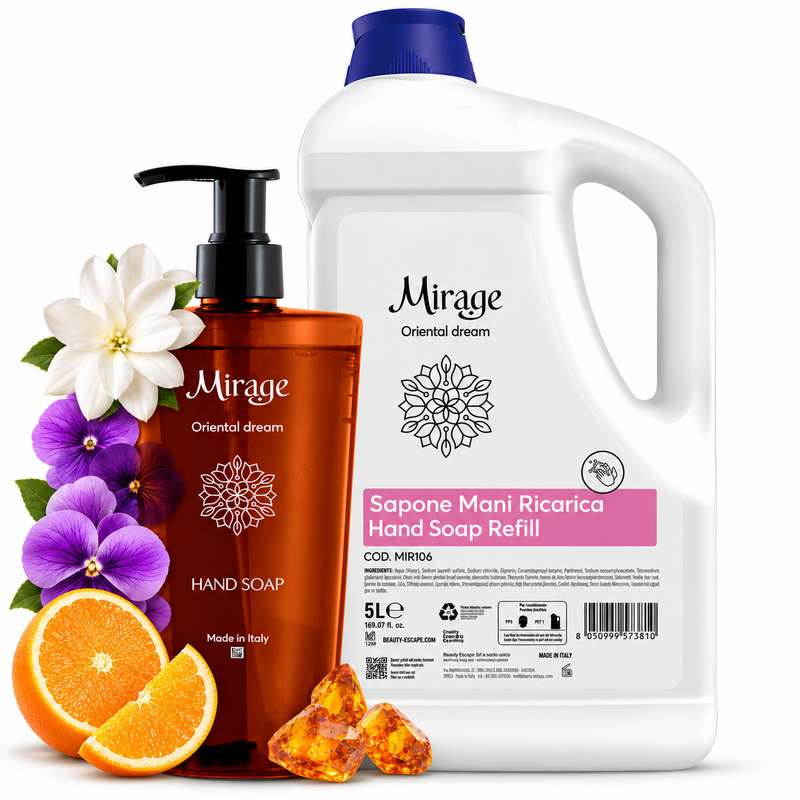 Sabonete Líquido Super Perfumado MIRAGE 400ml e Refill 5L, embalagem e florais aromáticos.