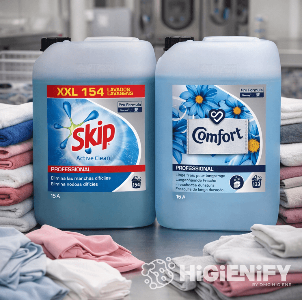 Garrafão de Detergente Líquido Máquina da Roupa Skip Profissional 10L Active Clean usado numa lavadaria em conjunto com o Amaciador Comfort Blue Skies