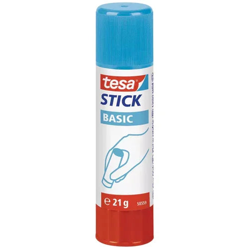 Cola Multiusos Bastão Tesa 21g, bastão adesivo para colar papel e cartão, embalagem de cor azul e vermelha.