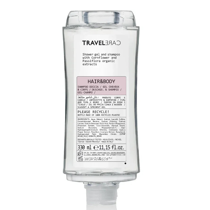 Gel de Mãos e Champô 2em1 TRAVELCARE 330ml com extratos orgânicos | Formato Squeeze | HAIR & BODY para uso em hóteis e alojamentos locais