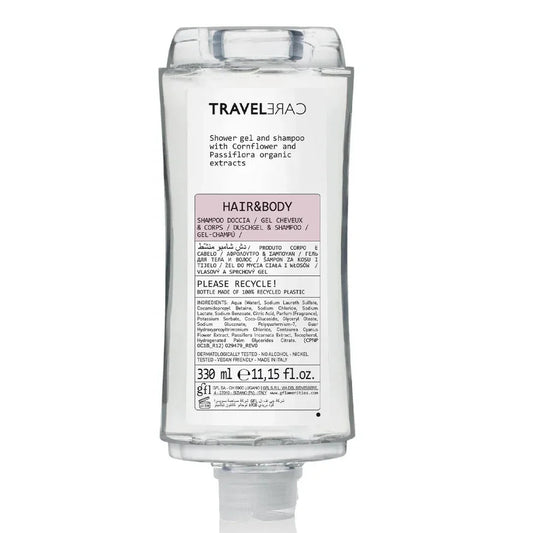 Gel de Mãos e Champô 2em1 TRAVELCARE 330ml com extratos orgânicos | Formato Squeeze | HAIR & BODY para uso em hóteis e alojamentos locais