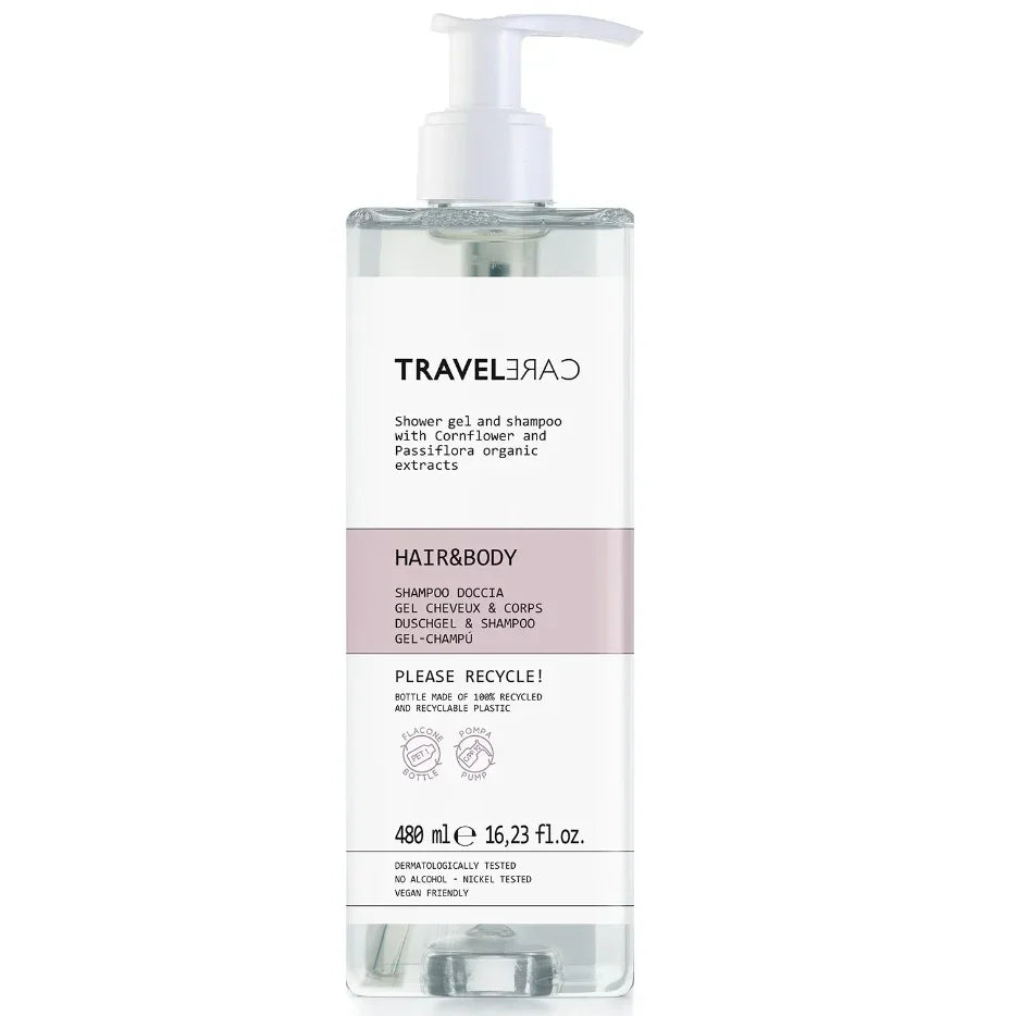 Gel de Mãos e Champô 2em1 TRAVELCARE 480ml em embalagem plástica com bomba dispensadora, ideal para hóteis e alojamentos locais