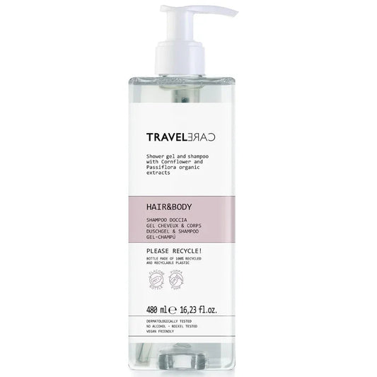 Gel de Mãos e Champô 2em1 TRAVELCARE 480ml em embalagem plástica com bomba dispensadora, ideal para hóteis e alojamentos locais