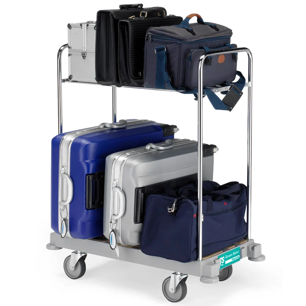 Carrinho Transporte Bagagem TTS com malas e bolsas, ideal para serviços hoteleiros.