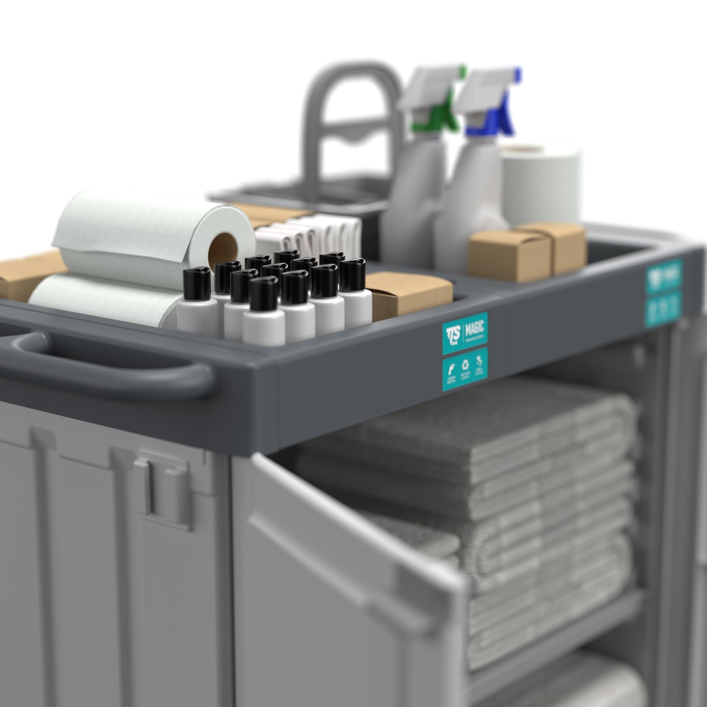 Carrinho Serviço Housekeeping TTS com toalhas, produtos de limpeza e papel higiénico em um equipamento hoteleiro multifuncional.