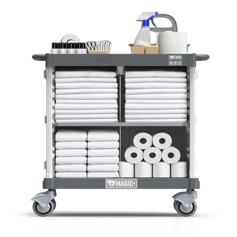 Carrinho Serviço Housekeeping TTS com toalhas limpas e produtos de higiene para hotelaria.