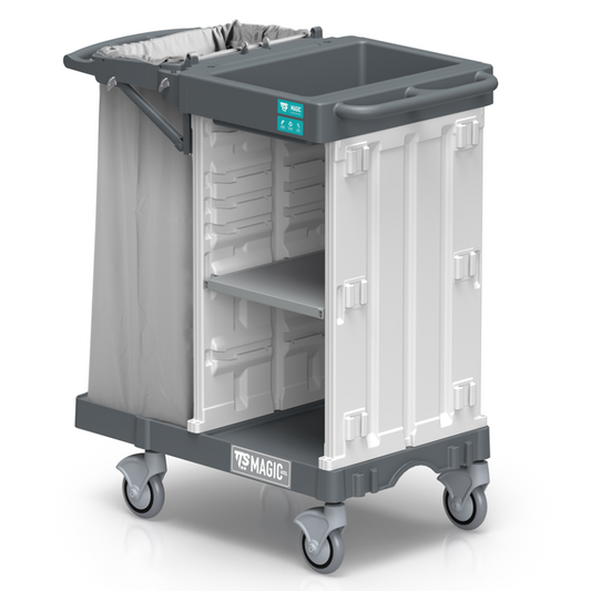 Carrinho Serviço Housekeeping TTS Magic Hotel 810B em destaque, ideal para 4-5 quartos, com design funcional e robusto.