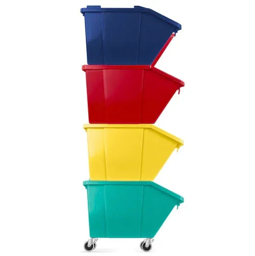 Caixote Lixo Reciclagem Empilhável 45L empilhado em cores azul, vermelho, amarelo e verde.