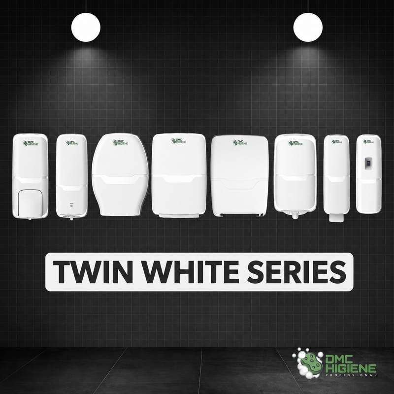 Dispensador de Papel Higiénico Rolo Jumbo da série Twin White, em ambiente moderno e minimalista.