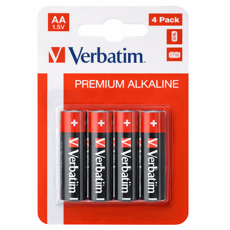 Pilhas Alcalinas AA LR06 Verbatim em embalagem de 4 unidades, com destaque para a marca e especificações.