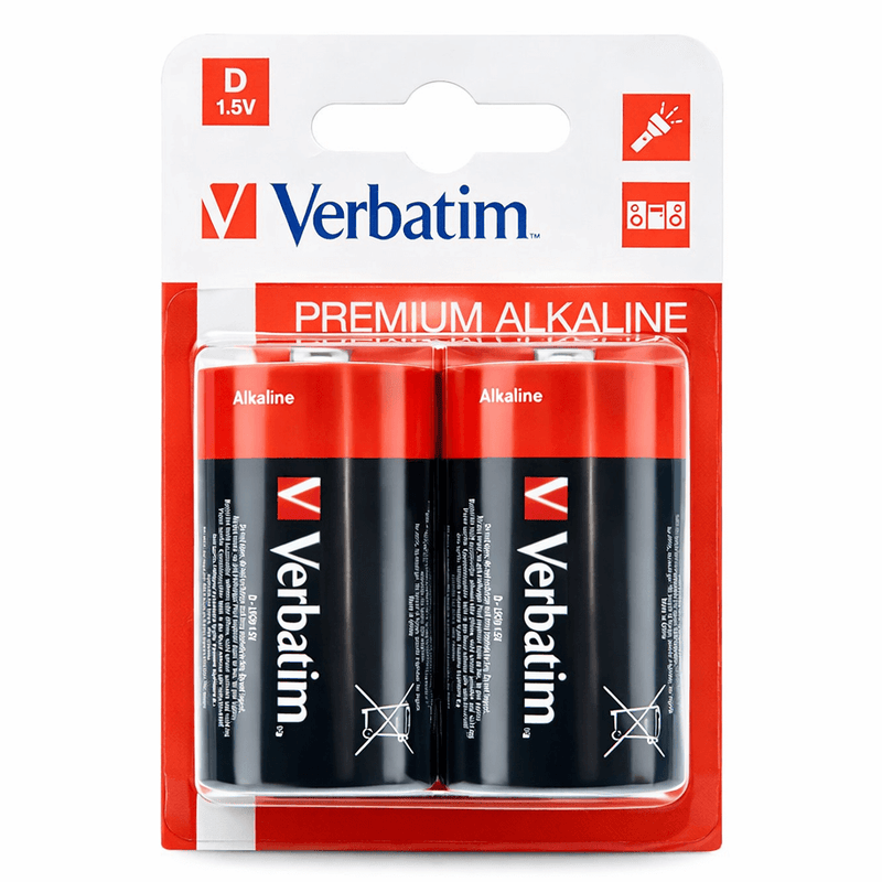 Pilhas Alcalinas D LR20 Verbatim Premium Alkaline em embalagem de dois.