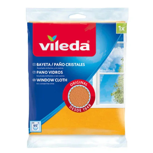 Pano Microfibra Super Suave Vileda Vidros embalagem com janela e informações sobre o produto.