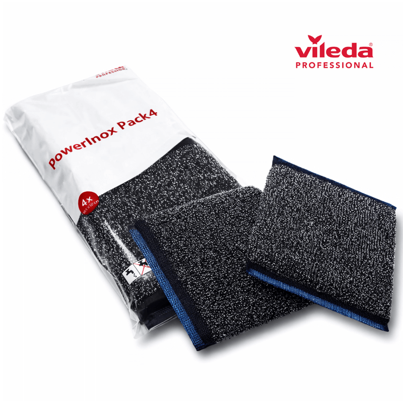 Esfregão Esponja VILEDA POWERINOX Pack 4 unidades, com esponjas abrasivas de alta performance e revestimento em aço inox.