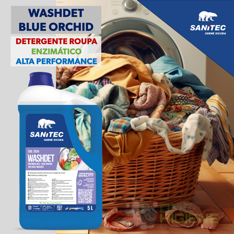 Detergente Líquido Máquina Roupa Enzimático Profissional 5L SANITEC WASHDET com roupa suja à volta.