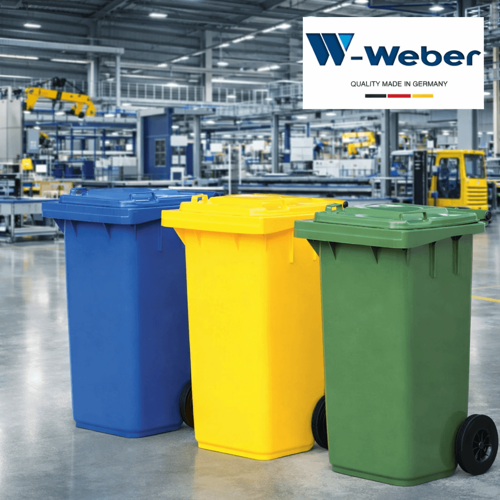 Contentor do Lixo Industrial com Rodas 120L em várias cores, ideal para uso em empresas e fábricas.