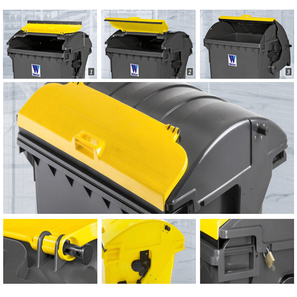 Contentor do Lixo Industrial com Rodas 1100L em imagens detalhadas, destacando a tampa amarela e mecanismos.