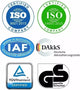 Logos de certificação, incluindo ISO 9001:2015, ISO 14001:2015, IAF, DAKks, TÜV Rheinland e GS.