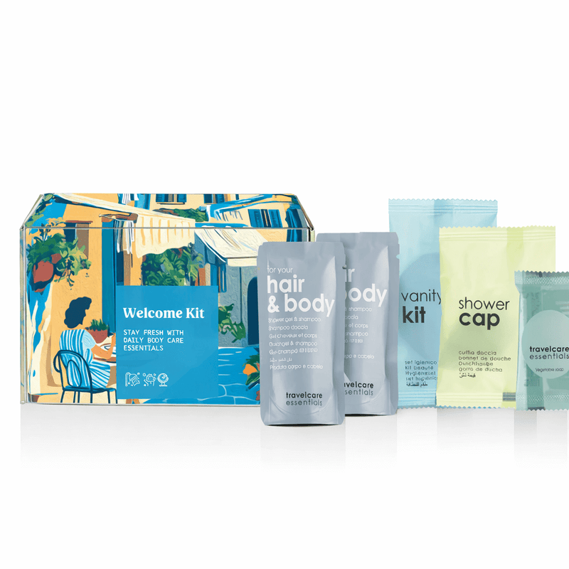 Kit Higiene Boas-Vindas com produtos para cuidados diários e conforto para hóspedes.