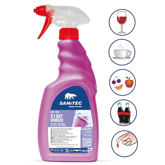 Spray Tira Nódoas Oxigenado Gorduras Vegetais | 500ml | SANITEC X1 OXY REMOVER com ícones de diferentes tipos de manchas