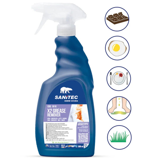 Spray Tira Nódoas Especial Gorduras Proteicas | 500ml | SANITEC X2 GREASE REMOVER em embalagem azul.