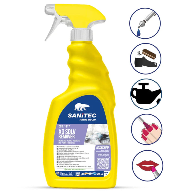 Spray Tira Nódoas Solvente Gorduras Sintéticas | 500ml da SANITEC, ideal para remoção de nódoas difíceis.