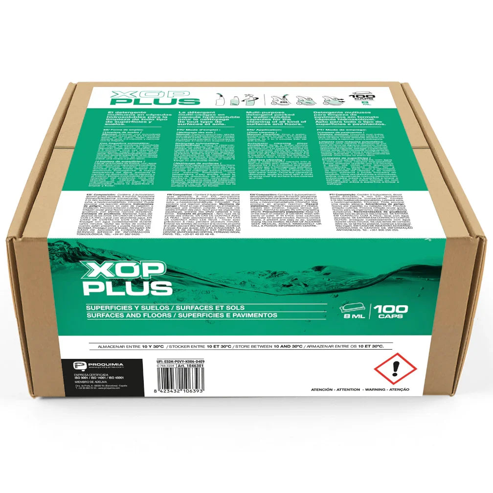 Caixa de 100 Unidades do Detergente Multiusos Alcalino Concentrado em Cápsulas da marca XOP PLUS da PROQUIMIA