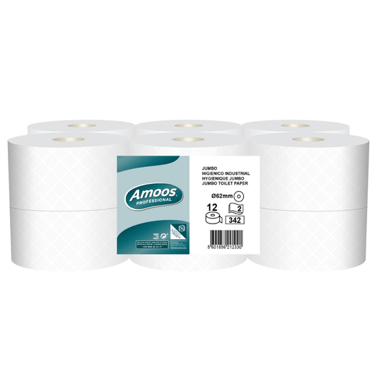 Papel Higiénico Jumbo 2F 120M Amoos - Pack de 12 Rolos, macios e absorventes para uso profissional.