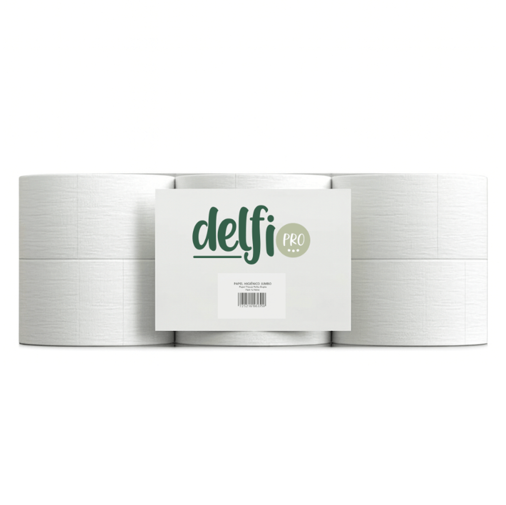 Papel Higiénico Jumbo 2F 75M Delfi Pro Low Cost - Pack com 12 rolos, suaves e resistentes.