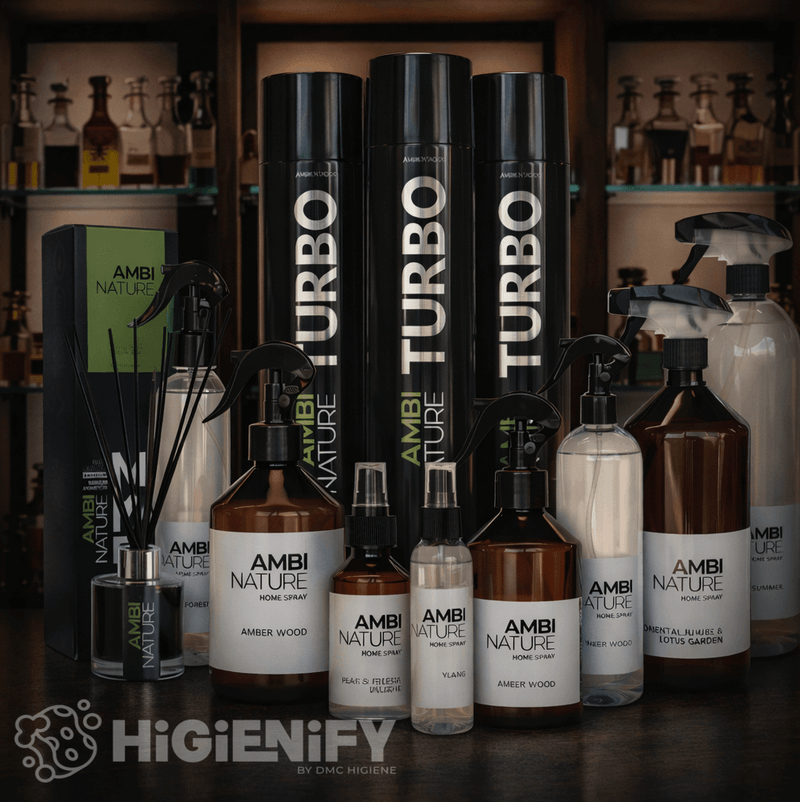 Ambientador Spray de Grande Descarga 750ml e outros produtos Ambi Nature em exibição, desenvolvidos por alta perfumaria, ambientadores para uso em empresas