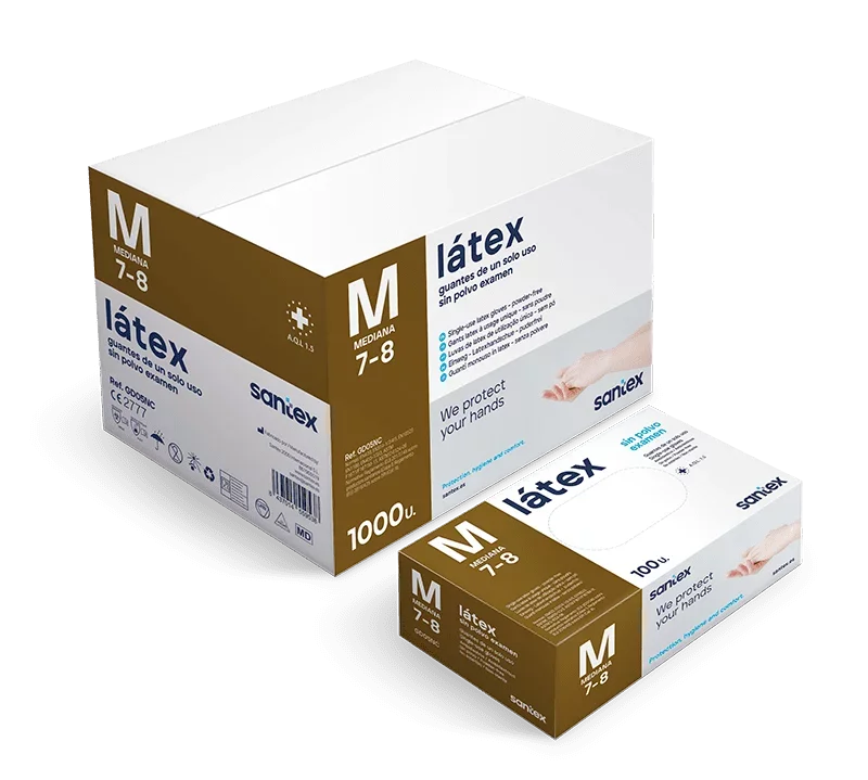 Luvas Latex Descartáveis sem Pó em embalagem M de 1000 unidades da marca Santex.