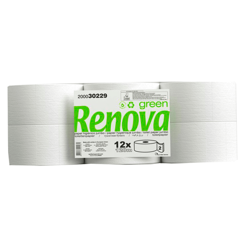 Papel Higiénico Jumbo 2F 120M Renova Green, pack com 12 rolos, sustentável e de alta absorção.
