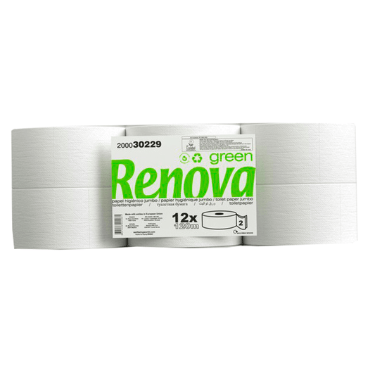 Papel Higiénico Jumbo 2F 120M Renova Green, pack com 12 rolos, sustentável e de alta absorção.