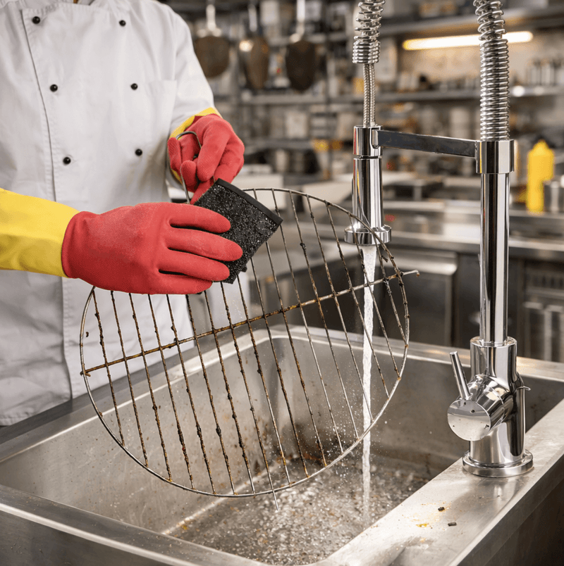 Esfregão Esponja Inox Profissional sendo usado para limpar grelha em cozinha profissional.